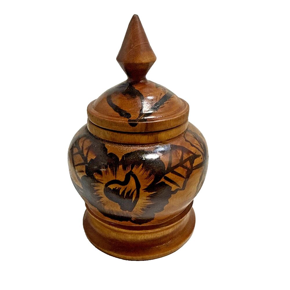 Vintage Hand Carved Wooden Trinket Bowl With Lid Flower Leaf Pattern Stained